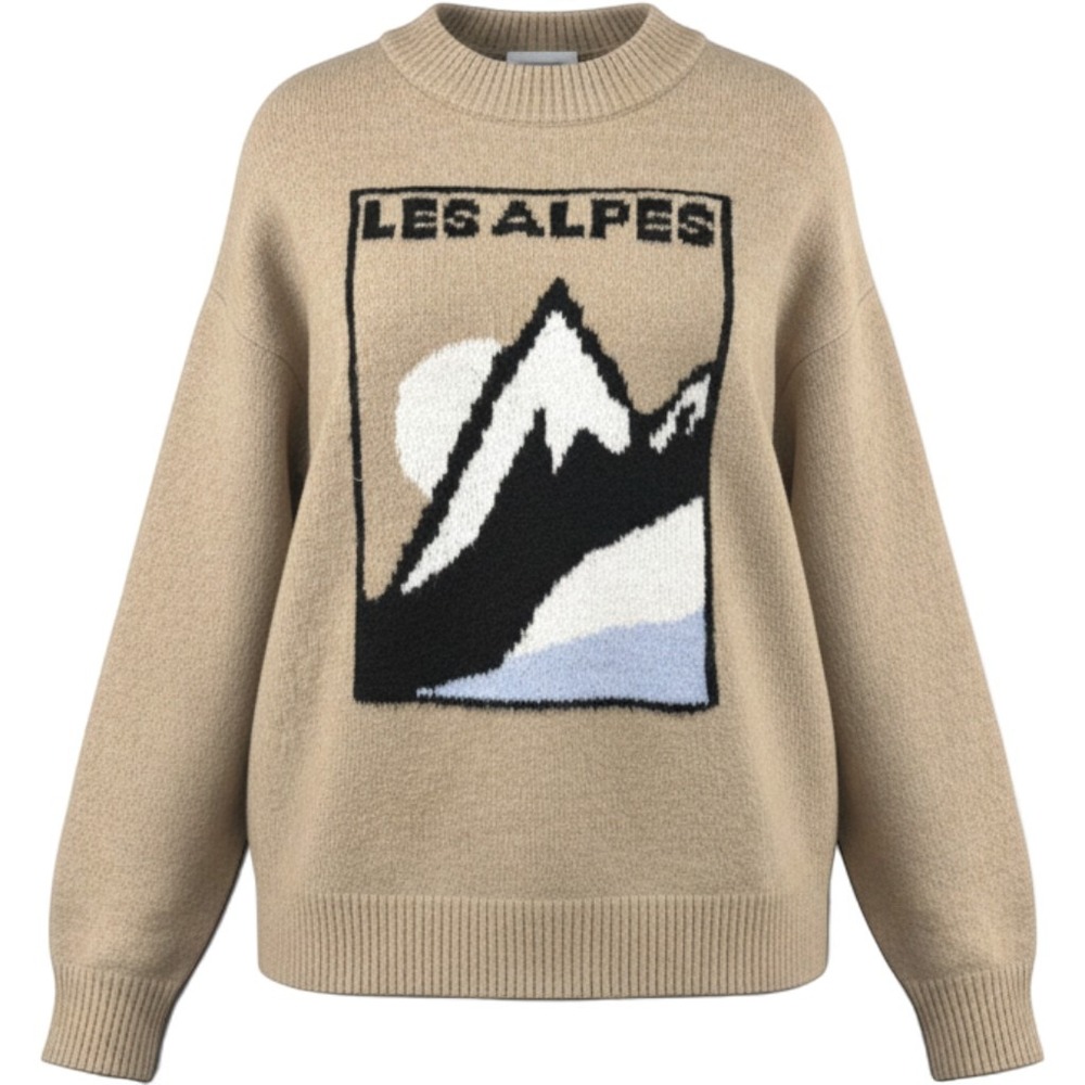 Universal Thread Les Alpes Apres Ski Sweater Mountain Oversized Tan NWT L